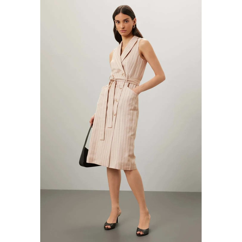 REISS Andie Neutral Striped Linen Dress Sleeveless Breasted Belted Midi Sz US 8